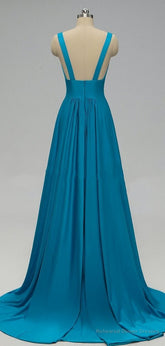 Elegant A-Line Sexy V Neck Gold Long Modest Side-Slit Blue Bridesmaid Dress